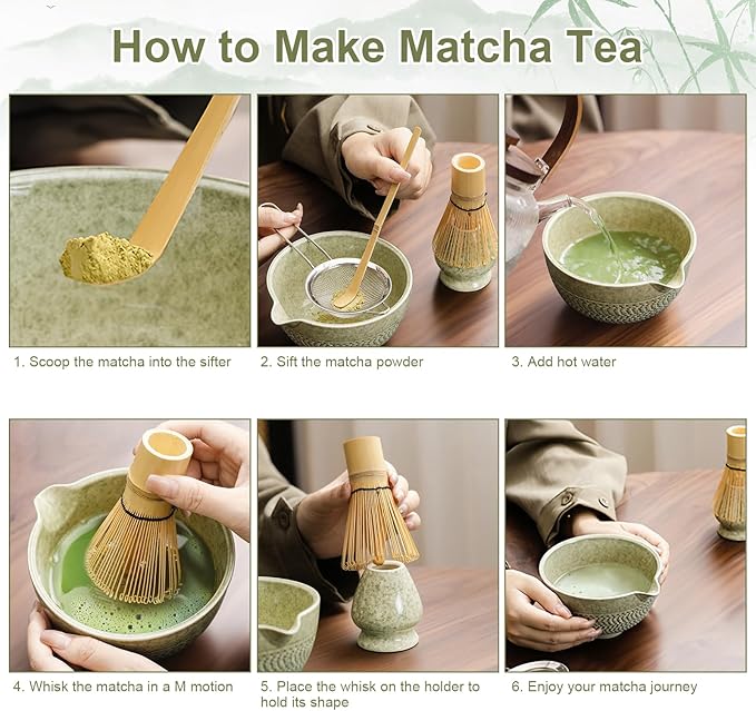 Matcha Whisk Set, Ceramic Matcha Set, Matcha Bowl with Spout, Matcha Whisk & Holder, Sifter and Bamboo Scoop, 5 Pcs Matcha Kit, Matcha Tea Ceremony Gifts for Matcha Lovers & Starter (Matcha Green)