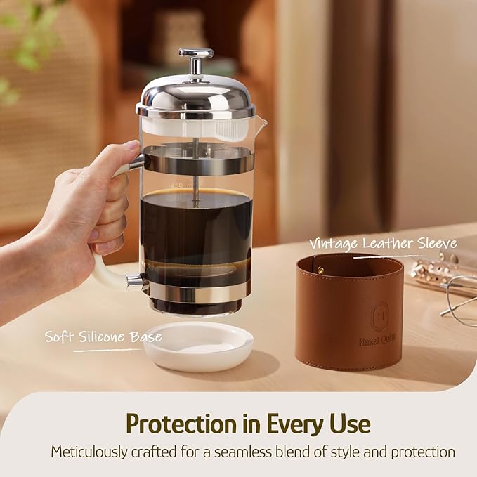 Hazel Quinn French Press Coffee Maker, 450ml/15oz, Heat-Resistant Borosilicate Glass, 304 Stainless Steel, BPA-Free, Easy to Clean, Precision Filtration for Coffee & Tea, Ideal for Home, Travel