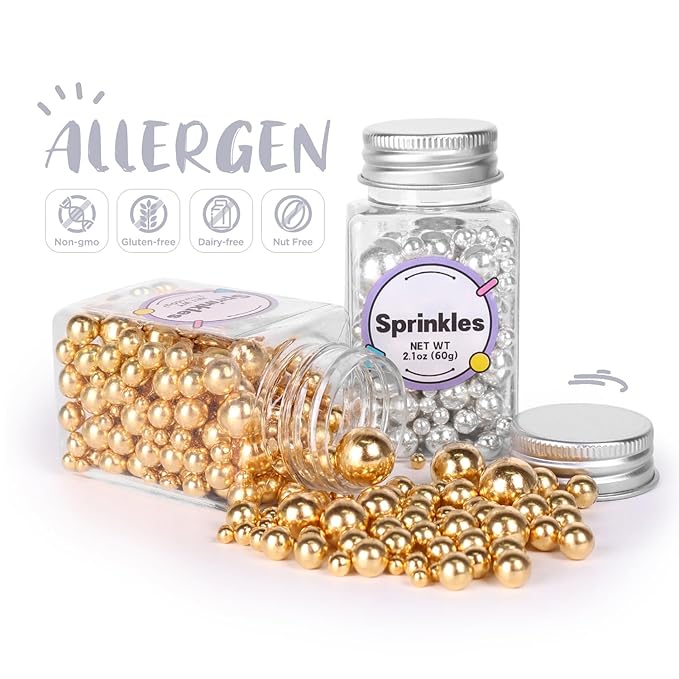 Pearl Sprinkles for Cake Decorating, Gold Pearl Sprinkles, Sliver Pearls Sprinkles, Sugar Pearls, Metallic Sprinkles Mix for Cake, Cupcakes, Macaron, Ice Cream, and Cookies. (120g/4.2oz)