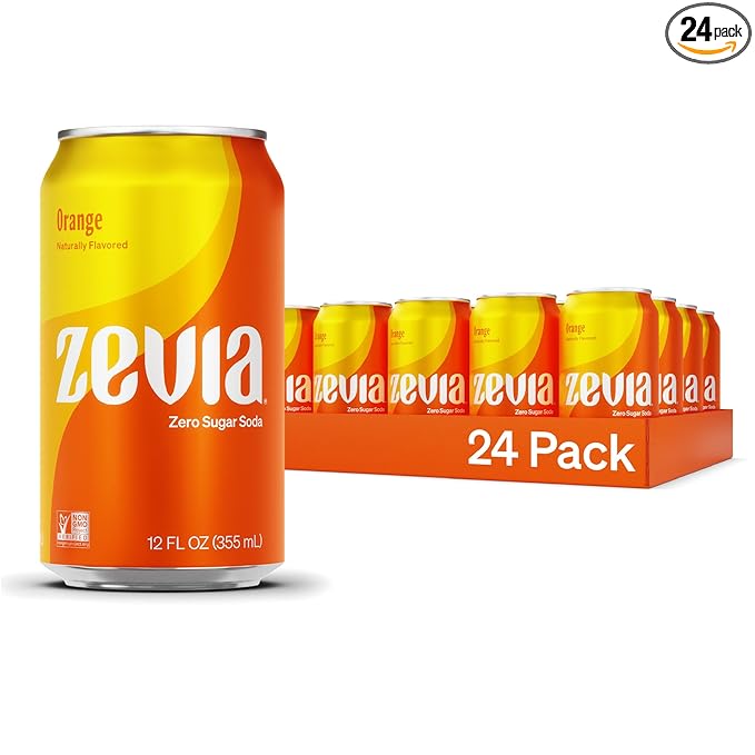 Zevia Zero Sugar Soda, Orange, 12 oz Cans (24-Pack) – Naturally Sweetened, Non-GMO Project Verified, Gluten-Free, Vegan