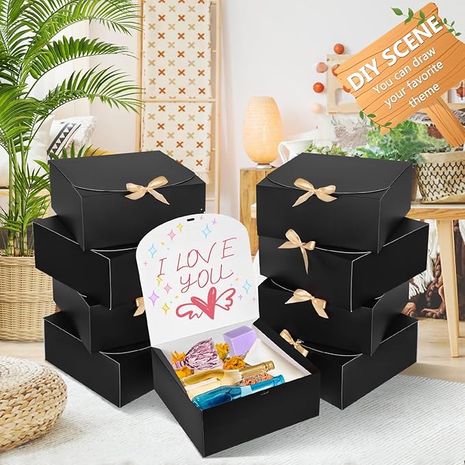 8Pack Large Gift Boxes with Lids, 12x12x5 Inches Bridesmaid Proposal Box With Ribbon, Black Boxes For Gifts, Paper Gift Box For Presents, Wedding, Bridal Shower, Birthday Party