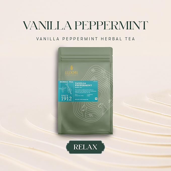 Luxmi Estates Vanilla Peppermint Organic Peppermint Tea (50 Tea Bags) Caffeine Free Tea Bags For Relaxing, Calming, and Stress Relief, With Certified Organic Herbal Tea