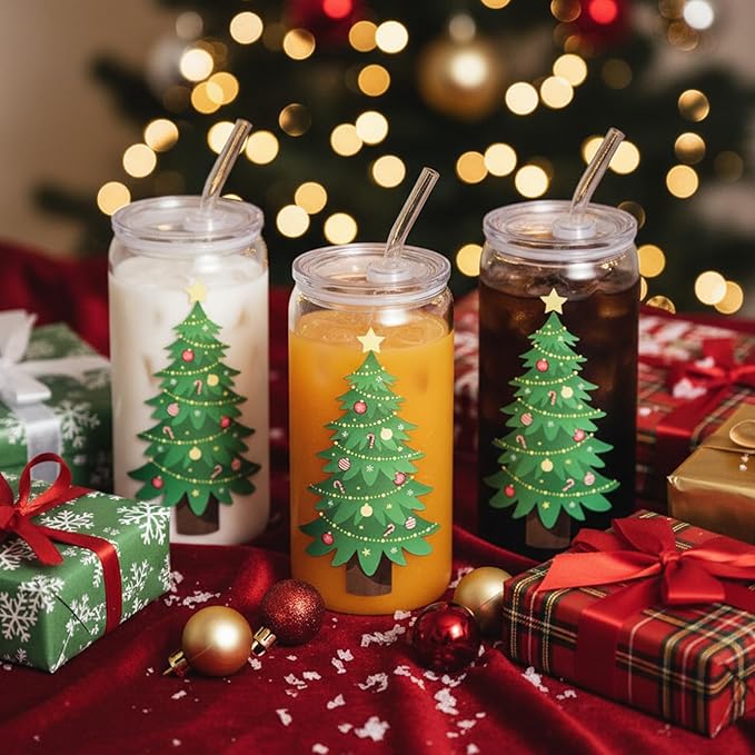 Christmas Gifts, 18oz Color Changing Christmas Glass Cups with Lids and Straw, Glass Tumbler Iced Coffee Drinks Cups for Holiday Party (1 Pack)