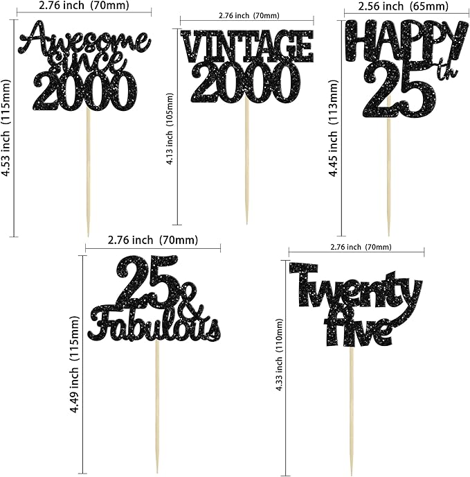 Gyufise 30Pcs Vintage 2000 Cupcake Toppers Glitter 25th Birthday Cake Decorations - Black