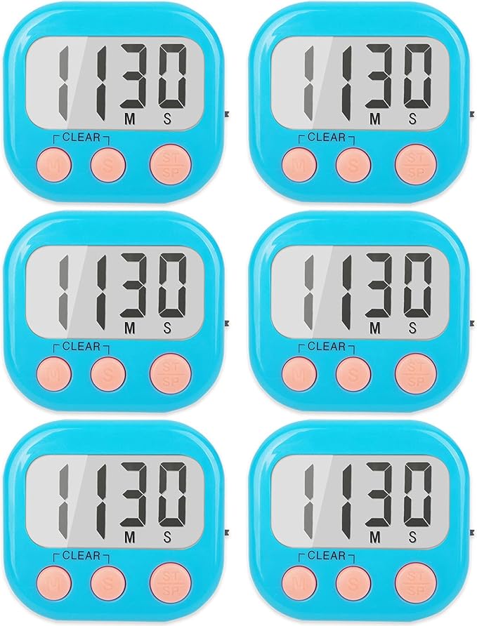 6 Pack Kitchen Timers Loud Ring Digital Timers for Cooking Magnetic Blue