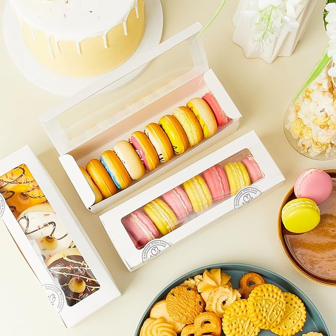 Sherr 50 Pcs White Macaron Boxes with Window, Cookies Boxes with 200 Pcs Stickers Long Bakery & Dessert Gifts Containers for Donuts, Pastry, Chocolate Covered Strawberry