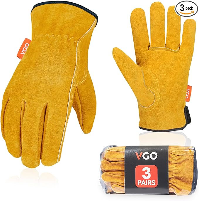 Vgo... 3-Pairs Unlined Cowhide Split Leather Work and Driver Gloves, for Heavy Duty, Truck Driving, Warehouse, Gardening, Farm (Size L, Gold, CB9501)