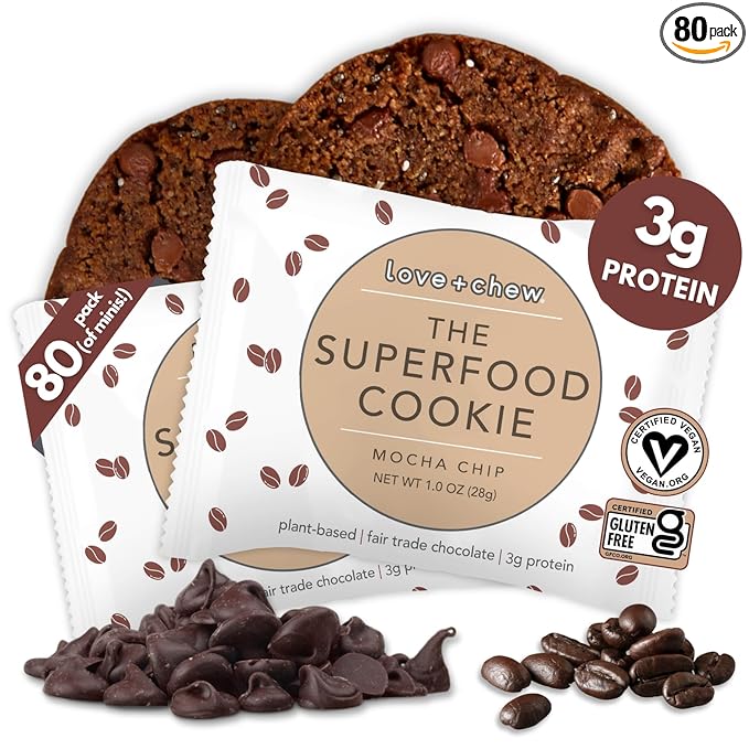 Love + Chew Superfood Soft Baked MINI Cookies, Mocha Chip Flavor, Plant Based Cookie Made With Coffee Extract & Dark Chocolate for Kids and Adults, Vegan Snacks, Gluten Free, Paleo, Non GMO, 80 Pack