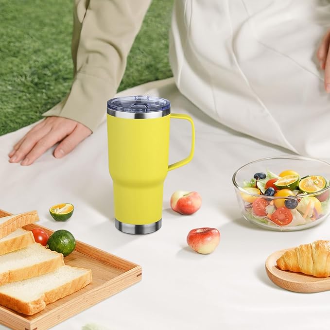 20oz Insulated Tumbler with Handle Stainless Steel Travel Coffee Mug with Lid and Straw Double Wall Vacuum Leak-proof Reusable Thermal Water Cup for Hot and Cold Drinks (Yellow,1 Pack)