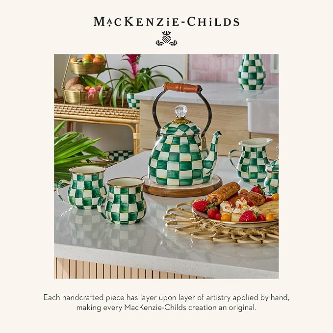 MACKENZIE-CHILDS Enamel Tea Kettle, Stylish Tea Kettle for Stovetop, Green-and-White Emerald Check, 2 Quarts