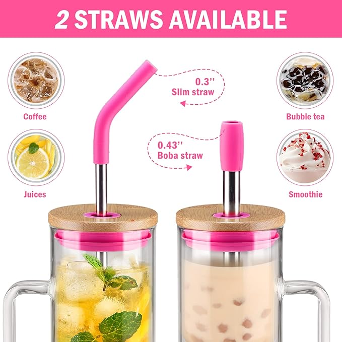 Kodrine Tumbler with Lid and Straw, 20 oz Glass Coffee Tumbler with Handle, Smoothie Cup with Bamboo Lid | Time Marker | Silicone Protective Sleeve, BPA Free -Rose Red