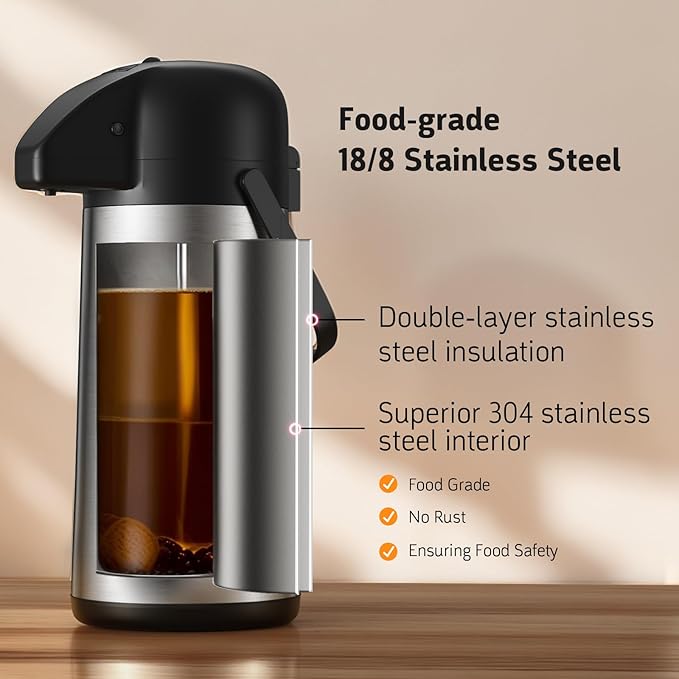 Airpot Coffee Carafe for Keeping Hot - 64 OZ / 1.9L Large Coffee Dispenser with Pump - Insulated Stainless Steel Thermos Urn for Hot Drinks Water Tea Chocolate - Thermal Beverage Dispenser for Parties