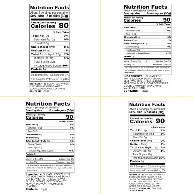 4 Pack Krunchy Melts Original Meringue Cookies | Fantastic Four 4-Pack | Vanilla, Birthday Cake, Cotton Candy, Chocolate Chip | Only 80-90 Calories Per Serving | Low Fat/Fat Free, Gluten Free, Dairy Free (4 Oz)