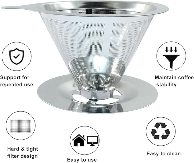 Waziaqoc Pour Over Coffee Dripper, Slow Drip Paperless Coffee Filter, Stainless Steel Pour Over Coffee Maker for 1-2 Cups Brew, Double Mesh Design of Manual Reusable Cone Filter