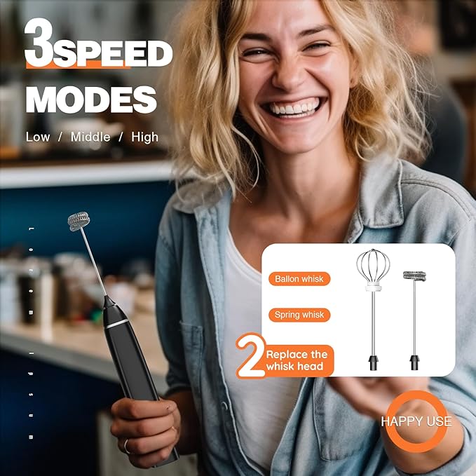 Milk Frother Rechargeable Handheld Electric Whisk Coffee Frother Mixer with 2 Stainless whisks 3 Speed Adjustable Foam Maker Blender for Coffee Matcha Latte Hot Chocolate(Pure black)