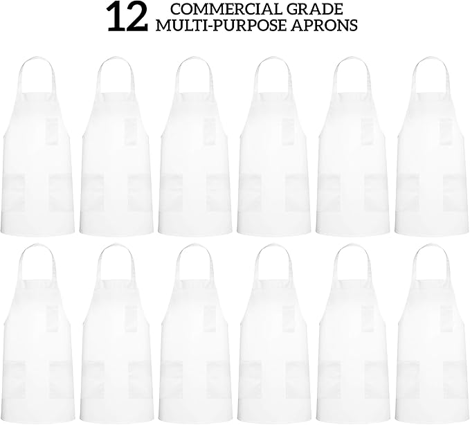 GREEN LIFESTYLE 12 Pack Chef Apron with Pockets – Grilling Aprons for Men, Waterproof Cooking Apron for BBQ, Work or Restaurant Use, Kitchen Aprons for Women with Pockets – White