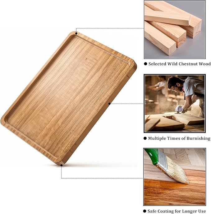 Wood Tray for Coffee Tea Extra Large Wooden Serving Tray for Food Fruit Snack Decorative Serving Platter, 17.7x13.8 Inches