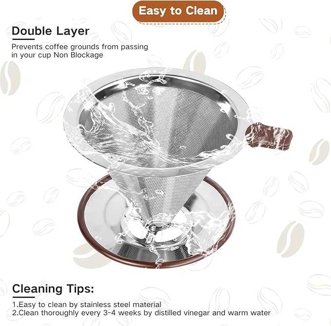 Pour Over Coffee Dripper，Reusable Stainless Steel Drip Cone Coffee Filter, Update Double Ultra Fine Micro Mesh Filter, Professional Paperless Drip Brew Coffee Cone Maker with Cup Stand,1-4 Cup
