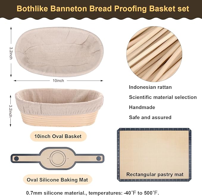 Bread Proofing Basket Set of 2, 10 Inch Oval Bread Proofing Basket Set, Sourdough proofing basket, Starter Kit, Inlude Dough Whish, Cleaning Brush, Perfect Baker's Gift Set