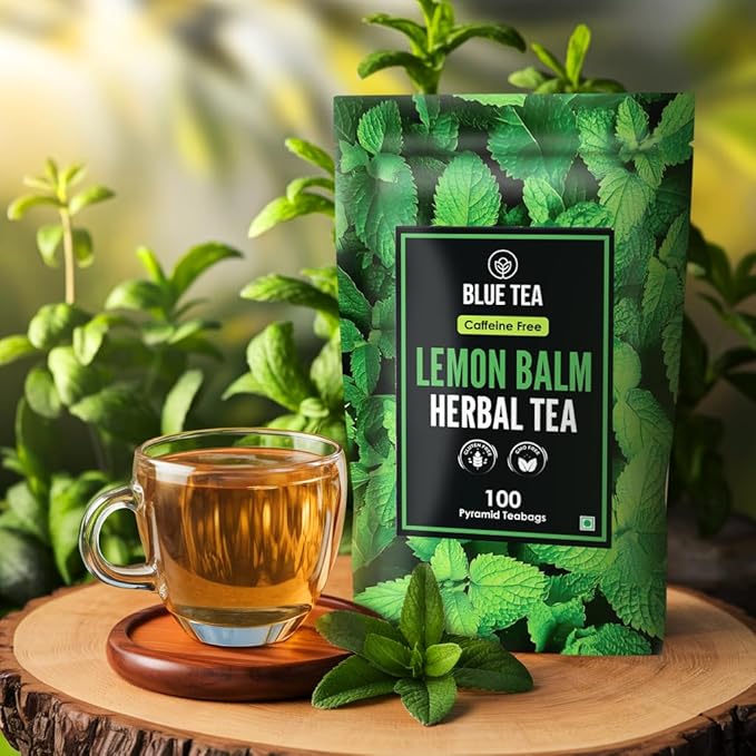 BLUE TEA - Lemon Balm Tea - 100 Count - Plant Based Tea Bag | RELIEVES STRESS - IMPROVES DIGESTION | Reduces Bloating | Refreshing Citrus Flavour - Leaf Based - Caffeine Free | Ziplock Pouch