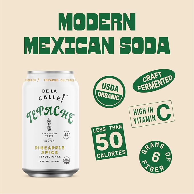 De La Calle Tepache - Pineapple Spice - Modern Mexican Soda - Craft Fermented Pineapple Sparkling Beverage - Certified Organic, Antioxidant Rich, Non-Alcoholic, Healthy Soda, Low Sugar, Low Calorie, Non-GMO