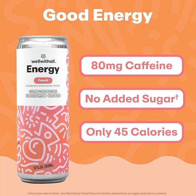 WellWithAll Peach Energy Drink – Caffeine from Tea – With Vitamin C – Lightly Sparkling Beverage – Fruit & Veggie Juice Blend – 12 Oz (Pack of 12)
