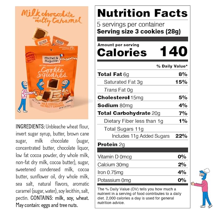 Michel et Augustin Cookies, Individually Wrapped Snacks, 3 Pack, Gourmet Milk Chocolate & Caramel Shortbread, 15 French Butter Cookies per bag