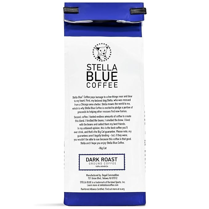 Stella Blue Ground Coffee, Electric Avenue Blend, Dark Roast, Toffee, Dark Chocolate & Subtle Smokiness Notes, 100% Arabica, Ethically Sourced from Central and South America, 12 oz bag