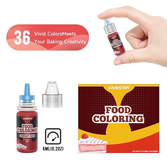 Cakestar Food Coloring Liquid, 36 Vibrant Food Coloring for Slime, Upgraded Food Dye Concentrated Neon Food Coloring Liquids for Cake, Cookies, Baking Decorating, Icing, DIY Crafts, 6ml/bottle