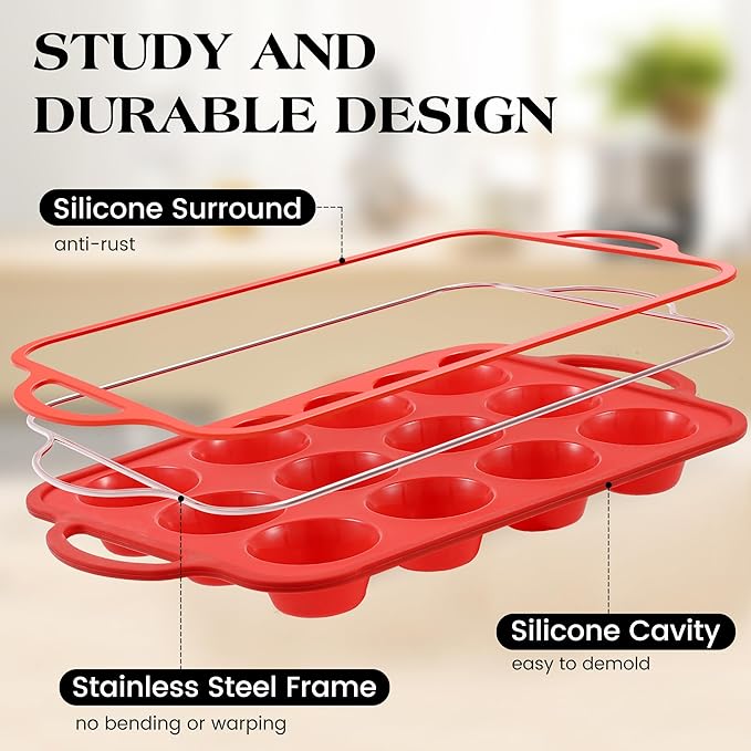 8 Pcs Silicone Muffin Pan Set, 12 Cup Regular & 24 Cup Mini Nonstick Muffin Tray with 6 Pcs Utensils, Silicone Muffin Pan for Baking with Metal Reinforced Frame, BPA Free (Red)