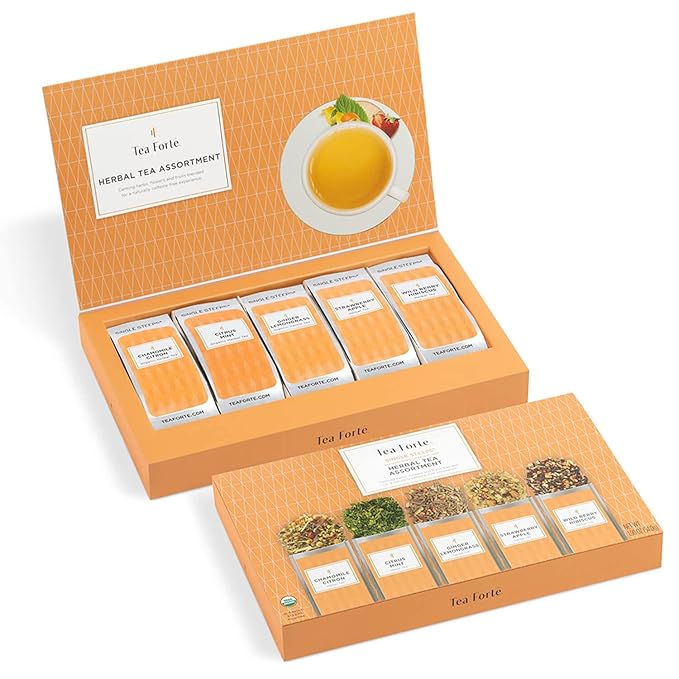 Tea Forte Herbal Tea Assortment Single Steeps Loose Leaf Premium Tea Gift Set Sampler, 15 Count 3 of Each Assorted Blends, Pre-Portioned Single Serve Pouches, Steeps 12 oz