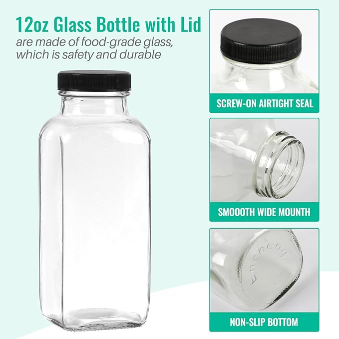 12 oz Glass Juice Bottles with Lids 3 Pack,Reusable Glass Drink Bottles,350ml Water Drinking Jars for Milk,Juicing,Kombucha,Ginger,Beverage Glassware,Juice Drinking Jars