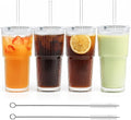 20 oz Ribbed Glass Tumblers with Lids and Straws – Set of 4 Thickened Glassware, Elegant Durable Ribbed Drinking Glasses Bulk for Iced Coffee Cups, Cocktails, Smoothies, Juice, Hot or Cold Beverages