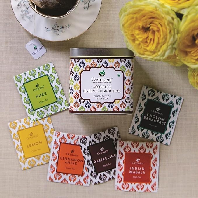 Octavius Tea Variety Pack | 6 Assorted Black & Green Tea Flavors | 25 Teabags | Tea Sampler Pack | Pack of 4 | 100 Teabags | Premium Indian Tea Gift Set