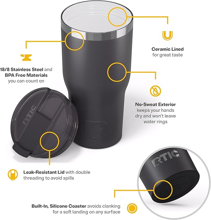 RTIC 30oz Essential Tumbler with Lid, Insulated, Stainless Steel, Metal, Double Wall Vacuum-Insulation, Ceramic Lined, Travel Cup for Iced Coffee, Tea, Hot and Cold Drink, Graphite