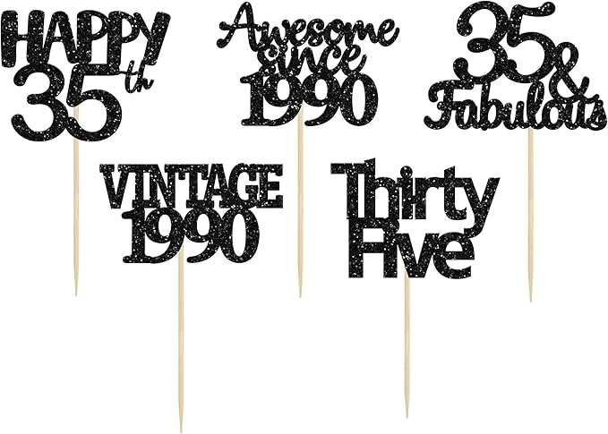 Gyufise 30 Pack Vintage 1989 Cupcake Toppers Black Glitter Thirty Five Happy 35 Cake Decorations Cheers to 35 Years Birthday Cupcake Picks 35th Birthday Anniversary Cake Decorations