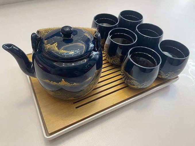 Japanese Tea Set, Black Glazed Tea Set in Gift Box With 1 Teapot, 1 Tea Strainer, 1 Tea Tray and 6 Tea Cups. Ideal Tea Set for Office Home, Asian Tea Sets for Tea Lovers(Landscape Blue)