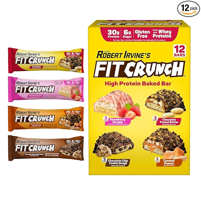 FITCRUNCH Full Size Protein Bars, 6-Layer Baked Bar, 6g of Sugar, Gluten Free & Soft Cake Core (12 Bars, Variety Pack)