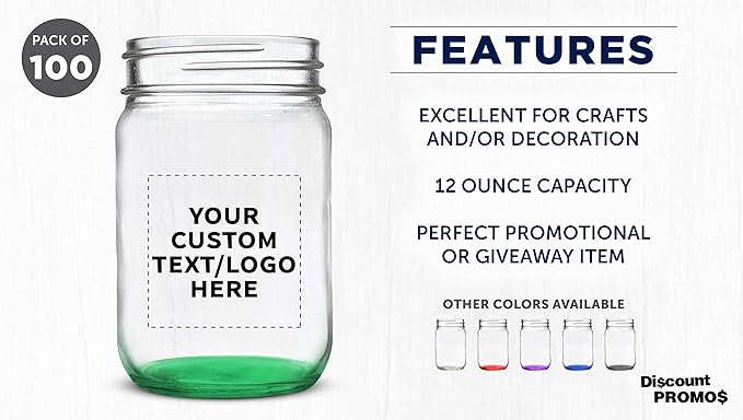 DISCOUNT PROMOS Custom Decorating Mason Jars 12 oz. Set of 100, Personalized Bulk Pack - Glass Jars for Overnight Oats, Candies, Fruits, Pickles, Spices, Beverages - Green