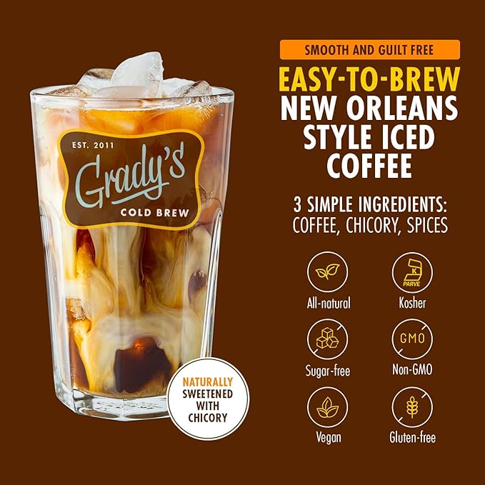 GRADY’S COLD BREW, New Orleans Style, 100% Arabica Ground Coffee & Chicory Pouches, TWO Boxes of Four Easy-to-Brew Bean Bags, Makes 24 drinks