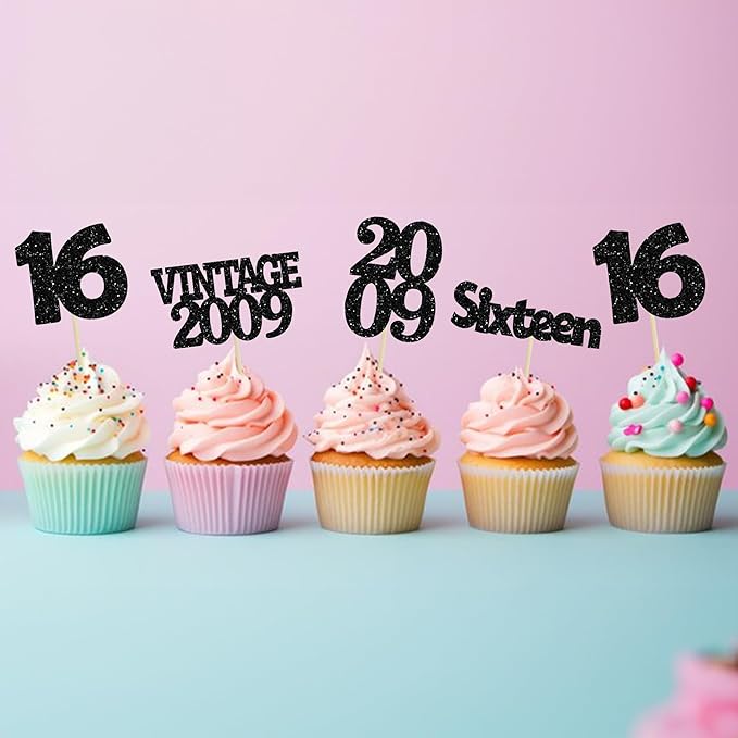 Gyufise 24Pcs 16th Birthday Cupcake Toppers Glitter Sixteen Vintage 2009 Sweet 16 Cupcake Picks Hello 16 Years Birthday Cake Decorations for Happy 16th Birthday Anniversary Party Supplies Black