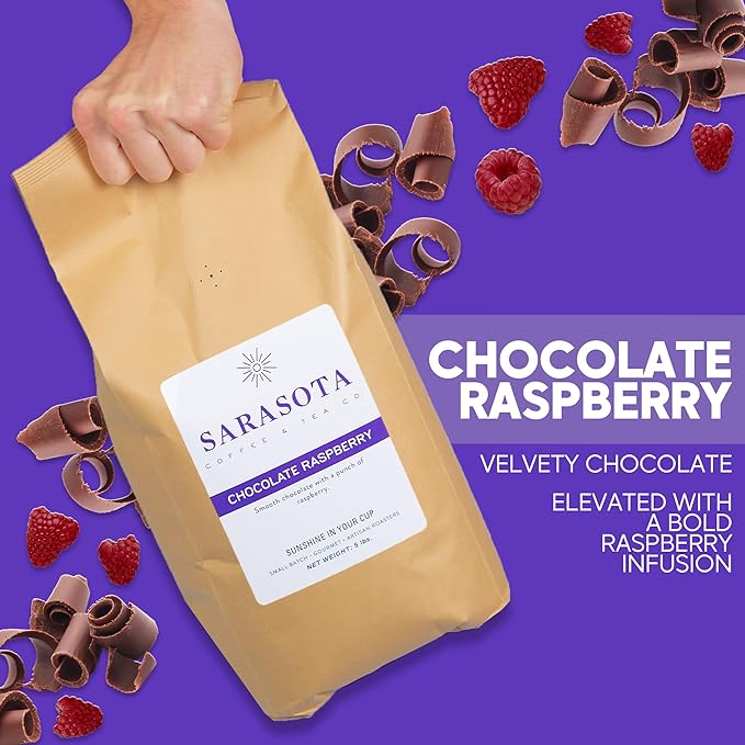 Sarasota Coffee Ground Chocolate Raspberry | Medium Roast Gourmet Flavored Coffee Grounds | Low Acid, Mold Free, Specialty Grade Flavored Bulk Ground Coffee | 5lb (80 oz)