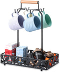 Coffee Mug Holder for Countertop, Mug Tree & Mug Rack with Storage Basket, 2-in-1 Organizer Holds 4 Large Mugs, Kitchen Cup Holder for Coffee Bar Accessories, Pods & Tea Bags, Black Metal with Handle