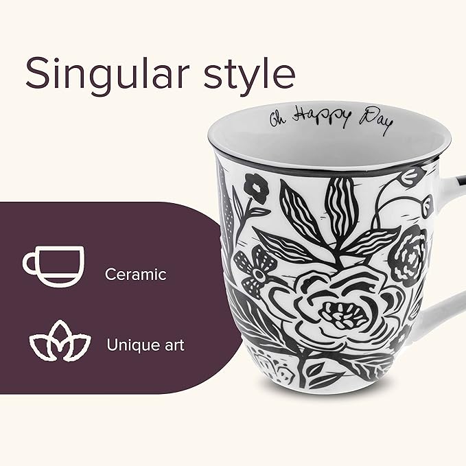 Karma Gifts 16 oz Black and White Boho Mug Floral - Cute Coffee and Tea Mug - Ceramic Coffee Mugs for Women and Men, 4.25" x 3.7"
