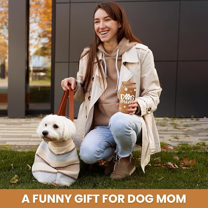 Dog Mom Cup 16 Oz Can Glass Coffee Mug with Bamboo Lid & Straw - Dog Lover Gifts for Women - Dog Mom Gift for Birthday Mothers Day
