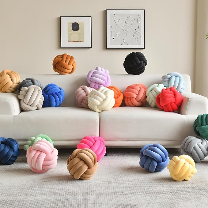 Decorative Throw Knot Pillow Ball for Home Chair Sofa Couch Bed Aesthetic Round Velvet Knotted Pillow Cushion (Yellow, 11 inches)
