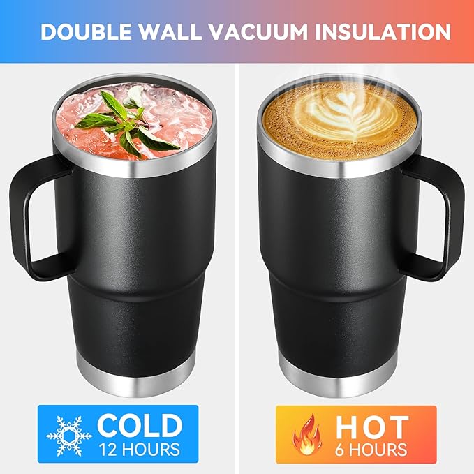 VEGOND 20 oz Tumbler Bulk with Handle Lid and Straw, Stainless Steel Insulated Travel Coffee Mug Set, Spill Proof Double Wall Metal Tumblers Cups, Powder Black 12 Pack