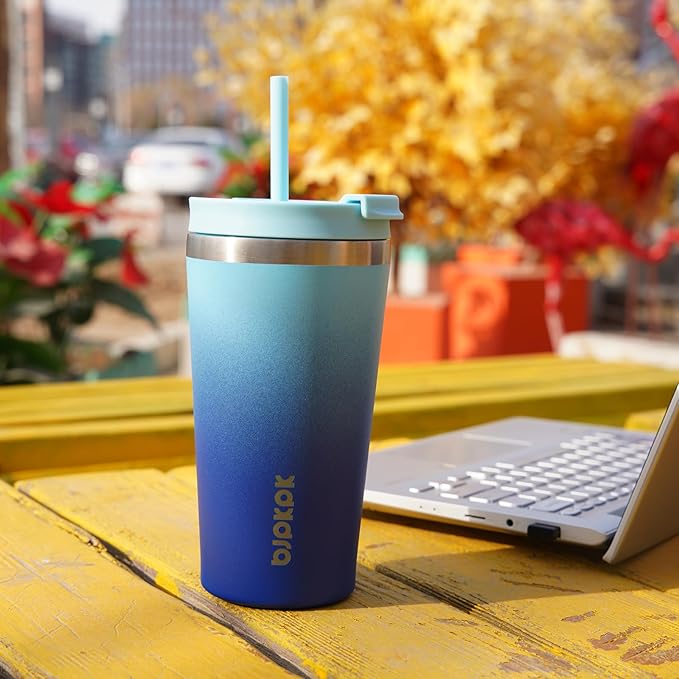 BJPKPK 22oz Insulated Tumbler With lid And Straw Stainless Steel Tumblers Travel Coffee Mug Reusable Thermal Cup,Sky