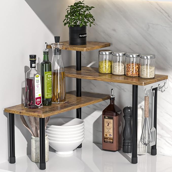 JayRex Countertop Organizer Organization, 3 Tier Moveable Corner Shelf Organizer for Kitchen, Bathroom, Spice Rack, Coffee Area, Over Sink, Dresser Table (Rustic Brown)