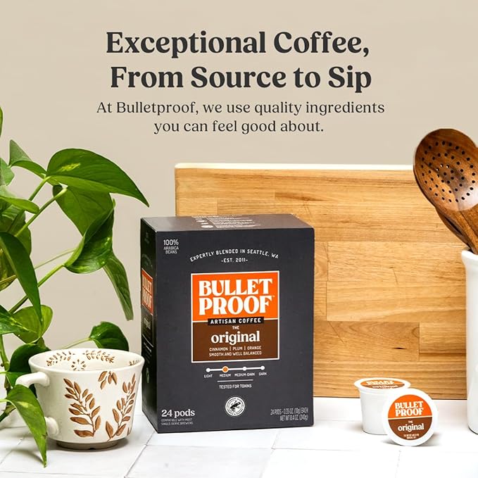 Bulletproof Original Medium-Roast Single-Serve Coffee Pods, 24 Count, 100% Arabica Beans, Clean Coffee Tested for Toxins, Packaging May Vary